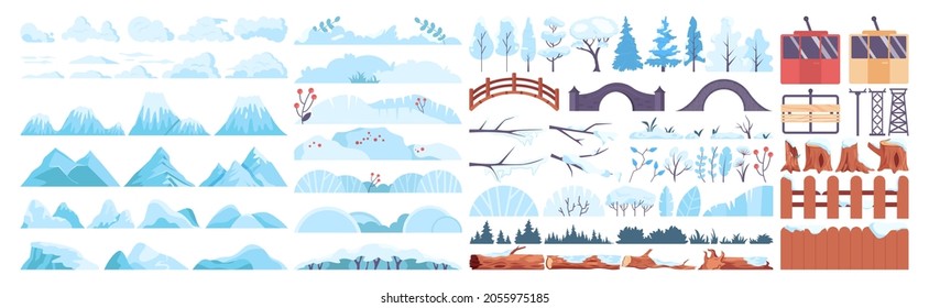 Winter landscape constructor set. Frozen trees, bushes, mountains collection. Beautiful wild nature in snow, december freezing scenery. Flat vector illustration