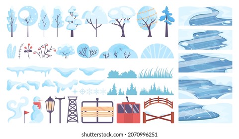 Winter landscape constructor set  Frozen river  pound lake  Winter forest scenery  snowy trees   bushes  Beautiful wild nature in snow  december freezing weather  Flat vector illustration
