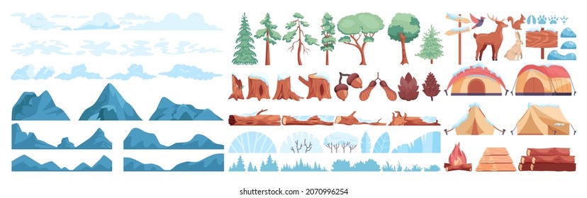 Winter landscape constructor set. Frozen trees, bushes, mountains collection. Mountain traveling constructor, climbing and winter trekking. Flat vector illustration