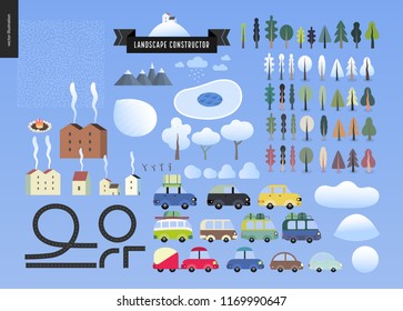 Winter landscape constructor set - kit of city and park landscape elements - houses, snow-covered trees, cars, roads, frozen lake.