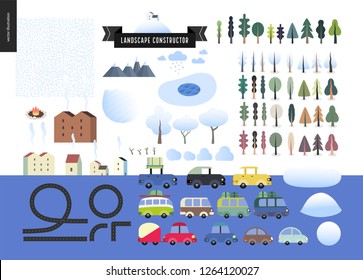 Winter landscape constructor set - kit of city and park landscape elements - houses, snow-covered trees, cars, roads, frozen lake.