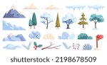 Winter landscape constructor set. Stickers with snowy hills or mountains, trees or branches with frost, frozen puddles. Environment in cold December. Cartoon flat vector collection isolated on white