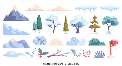 Winter landscape constructor set. Stickers with snowy hills or mountains, trees or branches with frost, frozen puddles. Environment in cold December. Cartoon flat vector collection isolated on white
