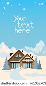 Winter landscape with cosy chalet house in the  full of snow mountain valley