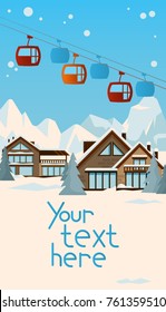 Winter landscape with cosy chalet houses and cable-railway for skiers and snowborders in the  full of snow mountain valley