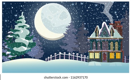 Winter landscape with cottage and big full moon vector illustration. Snowy country scene. Country cottage concept. For websites, wallpapers, posters or banners.