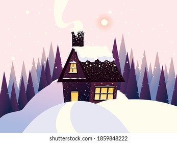 winter landscape cottage chimney snow pine trees vector illustration