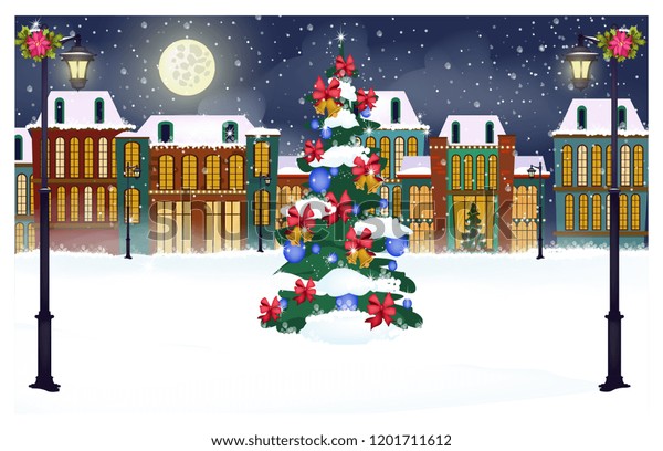 Winter Landscape Cottages Decorated Firtree Vector Stock Vector