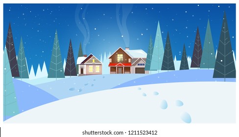 Winter landscape with cottages and fir-trees vector illustration. Night snowy country scene. Country cottage concept. For websites, wallpapers, posters or banners.