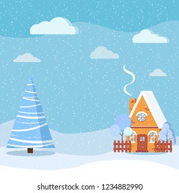 Winter landscape with country house, spruce, clouds, snow in cartoon flat style. Christmas vector background illustration.