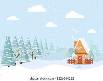 Winter landscape with country house, winter trees, spruces, clouds, snow in cartoon flat style. Christmas vector background illustration.