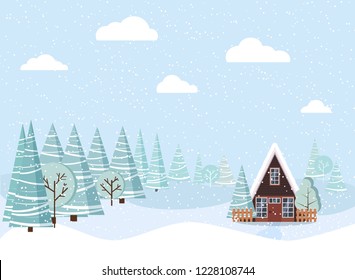 Winter landscape with country house, winter trees, spruces, clouds, snow in cartoon flat style. Christmas vector background illustration.