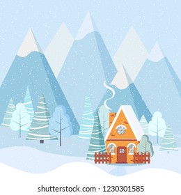 Winter landscape with country house, winter trees, spruces, mountains, snow in cartoon flat style. Christmas vector background illustration.