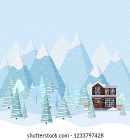 Winter landscape with country house, winter trees, spruces, mountains, snow in cartoon flat style. Christmas vector background illustration.
