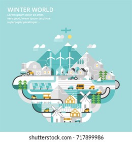 Winter landscape. Countryside in winter. Ecological settlement. Winter vacation in the mountains.