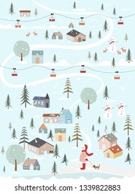 Winter landscape in countryside with farmhouse, trees, snow man and a girl walking with a dog,Cute illustration Happy new year or Christmas greeting card, banner and template