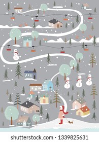 Winter landscape in countryside with farmhouse, trees, snow man and a girl walking with a dog,Cute illustration Happy new year or Christmas greeting card, banner and template