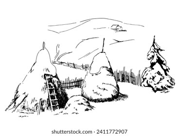 Winter landscape. Countryside landscape panorama. Line sketch converted to vector drawing.
