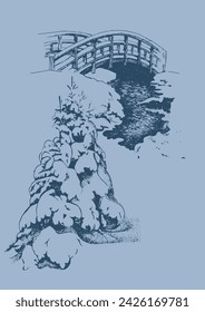 Winter landscape. Countryside landscape panorama. Line sketch converted to vector drawing.

