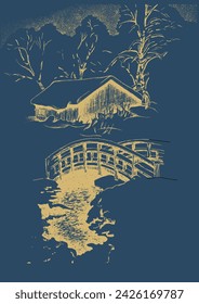 Winter landscape. Countryside landscape panorama. Line sketch converted to vector drawing.
