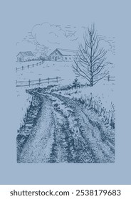 Winter landscape. Countryside landscape panorama. Line sketch converted to vector drawing.
