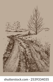 Winter landscape. Countryside landscape panorama. Line sketch converted to vector drawing.
