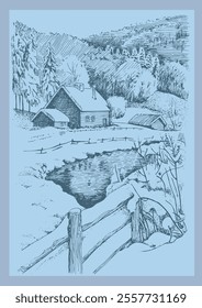 Winter landscape. Countryside landscape panorama. Line sketch converted to vector drawing.
