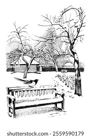 Winter landscape. Countryside landscape panorama. Line sketch converted to vector drawing.