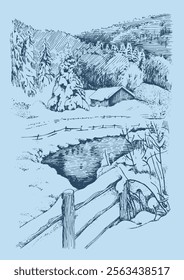 Winter landscape. Countryside landscape panorama. Line sketch converted to vector drawing.