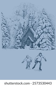 Winter landscape. Countryside landscape panorama. Line sketch converted to vector drawing.
