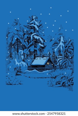 Winter landscape. Countryside landscape panorama. Line sketch converted to vector drawing.