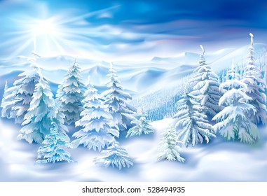 Winter landscape with covered snow fir trees