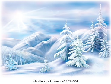 Winter landscape with covered snow fir trees. Vector illustration