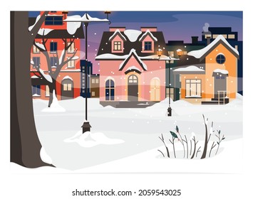 Winter landscape. Cozy europe town landscape. Beautiful houses with snow on the roof. December scenery. Trees and streetlights, snowdrifs. Christmas card. Flat vector illustration