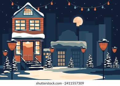 Winter landscape with cozy house and snowy street, winter cozy atmosphere, cityscape