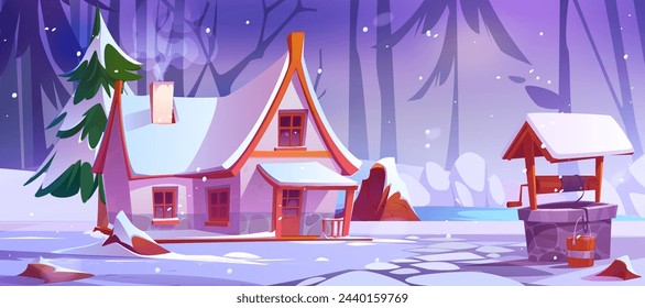 Winter landscape with cozy rural house and well tube with backet in forest with trees and ground covered with snow. Cartoon vector cold season country scenery of snowy woodland with cottage.