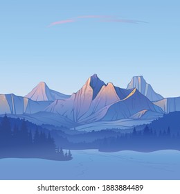 Winterlandschaft geschaffen durch Fantasie in Form von Vektorgrafiken. Schneeberge und Wald bei Sonnenuntergang. 