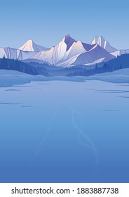 Winter landscape created by imagination in the format of vector graphics. A panorama of snowy mountains and forests at sunset.