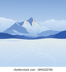 Winter landscape created by imagination in the format of vector graphics. Snowy field with a ski trail on the background of mountains and forests.