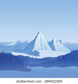 Winter landscape created by imagination in the format of vector graphics. The silhouette of coniferous forest against the background of snowy mountains.