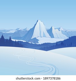 Winter landscape created by imagination in the format of vector graphics. A scene of snowy hills with a ski trail on the background of a mountain peak.