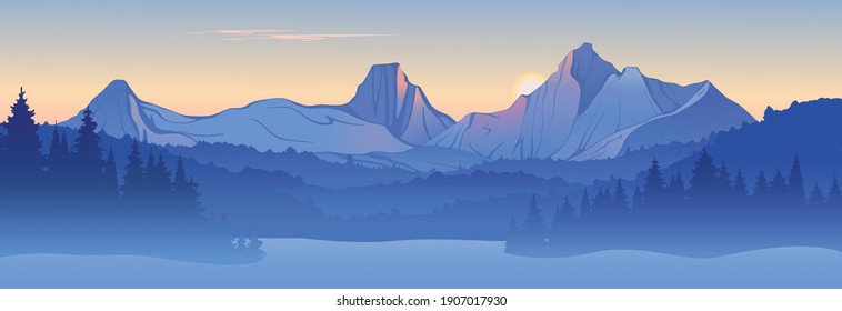 Winter landscape created by imagination in the format of vector graphics. Silhouette of snowy mountains and forests against the background of the evening sky.