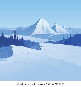 Winter landscape created by imagination in the format of vector graphics. Snowy mountain peak among rocks and forests.