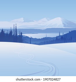 Winter landscape created by imagination in the format of vector graphics. Snowy hills with a ski trail against the backdrop of mountains.