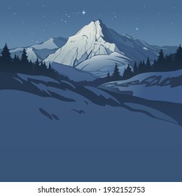 Winter landscape created by imagination in the format of vector graphics. The scene of snowy mountains and forests against the background of the night sky.