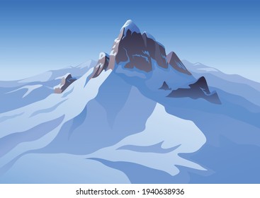 Winter landscape created by imagination in the format of vector graphics. The scene of a snowy, mountain peak and against the background of a blue sky.