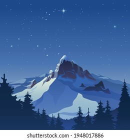 Winter landscape created by imagination in the format of vector graphics. The scene of a snowy mountain peak against the background of a starry sky.