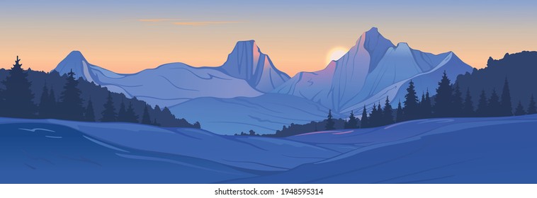 Winter landscape created by imagination in the format of vector graphics. A panorama of snowy mountains and forests at sunset.