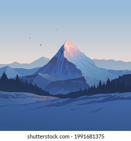 Paisaje invernal creado por la imaginación en el formato de gráficos vectoriales. Un panorama de montañas nevadas sobre el fondo del cielo matutino.