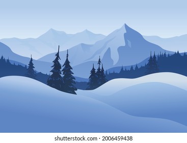 Winter landscape created by imagination in the format of vector graphics. Snowy hills and forest against mountains.